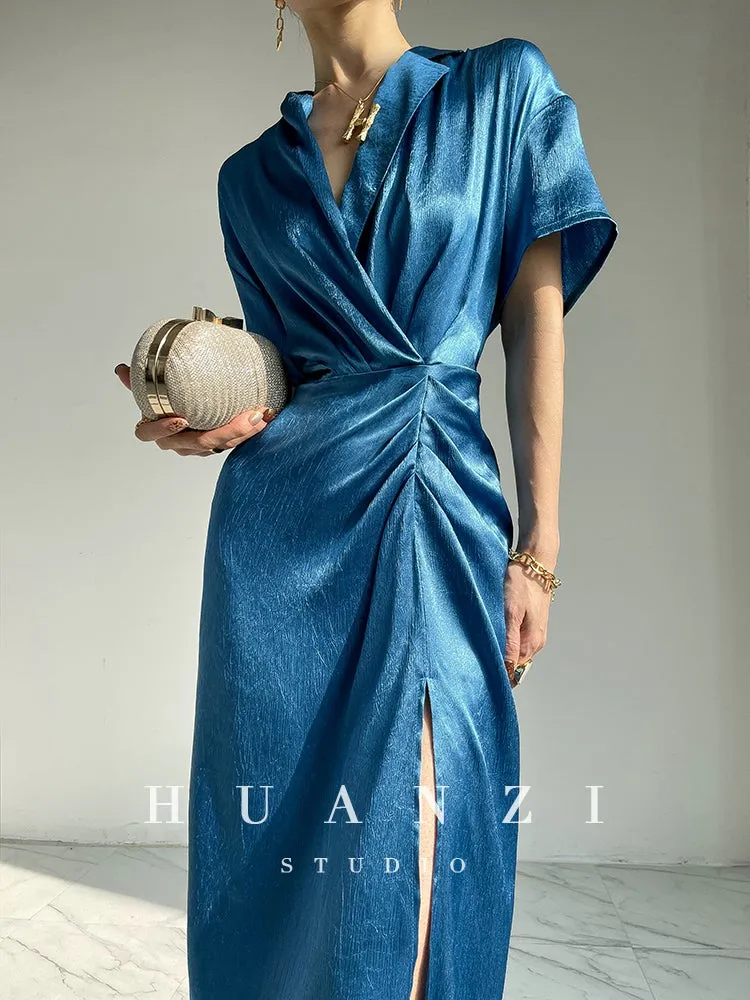 HUANZI custom designer high-end glossy silky elegant dress -Diana Pearl Gray