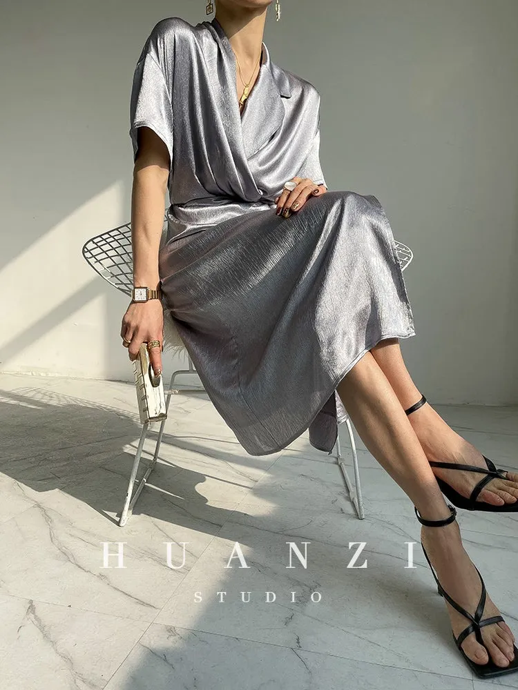 HUANZI custom designer high-end glossy silky elegant dress -Diana Pearl Gray