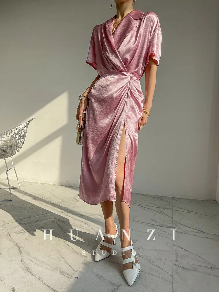 HUANZI custom designer high-end glossy silky elegant dress -Diana Pearl Gray