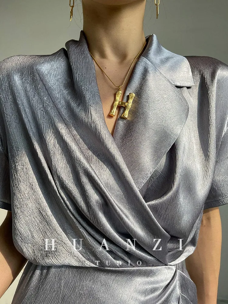 HUANZI custom designer high-end glossy silky elegant dress -Diana Pearl Gray