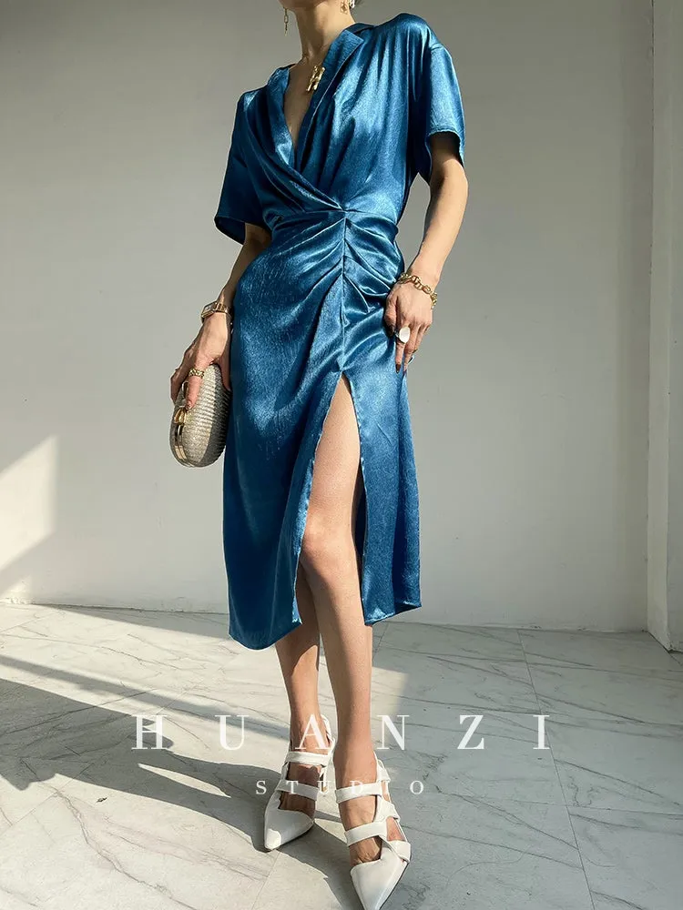 HUANZI custom designer high-end glossy silky elegant dress -Diana Pearl Gray