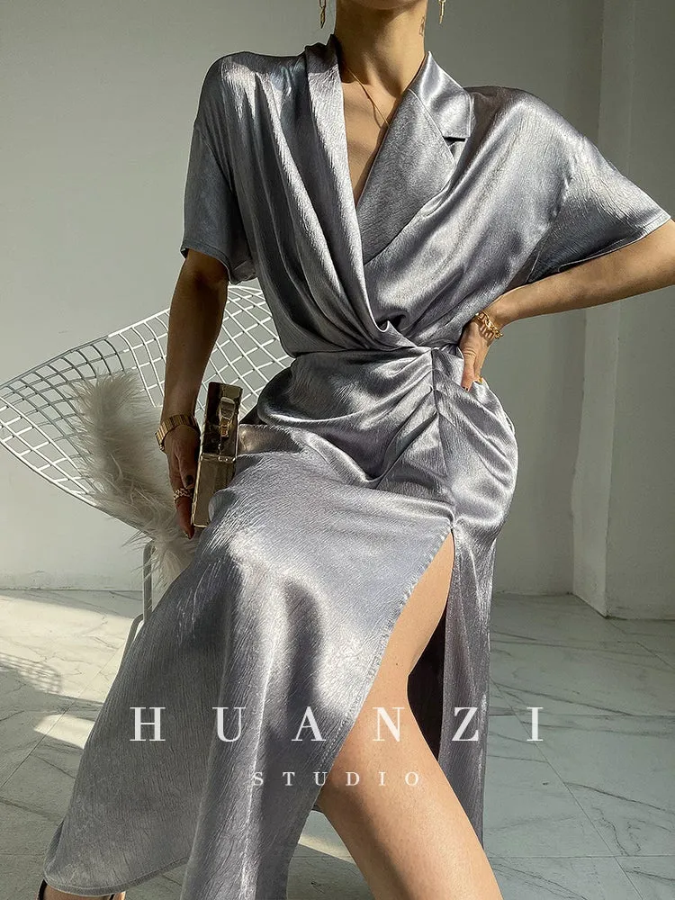 HUANZI custom designer high-end glossy silky elegant dress -Diana Pearl Gray