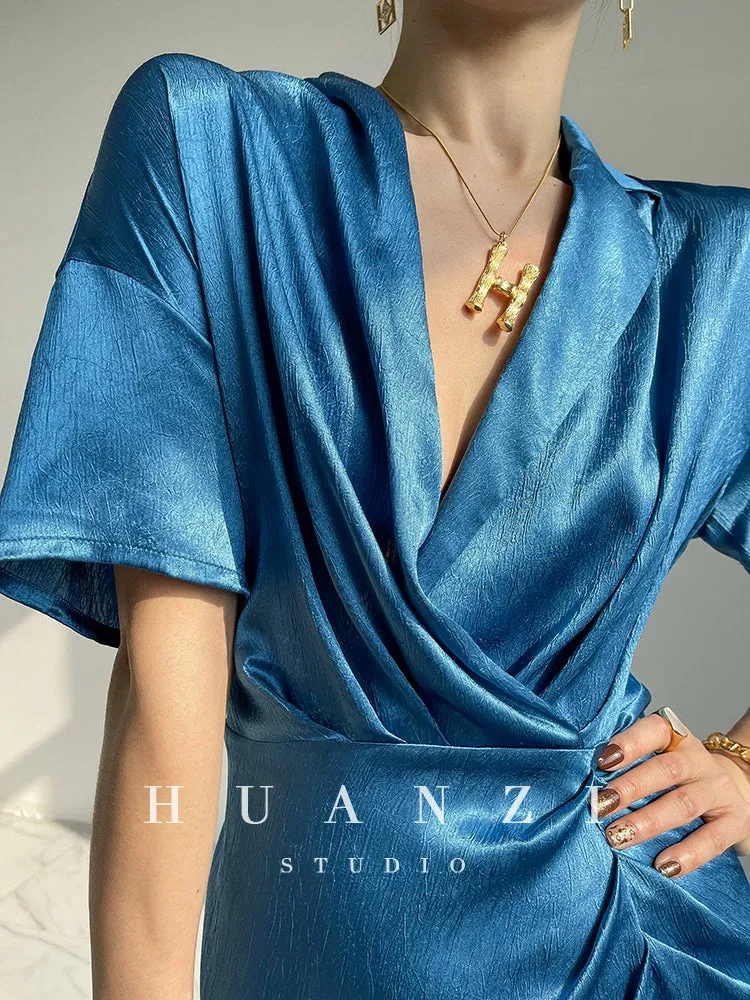 HUANZI custom designer high-end glossy silky elegant dress -Diana Pearl Gray