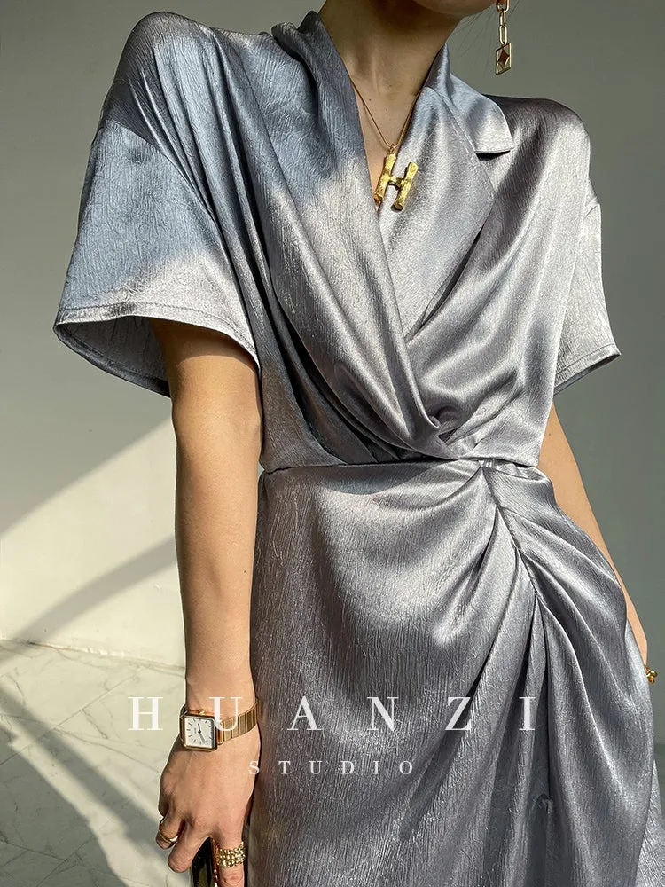 HUANZI custom designer high-end glossy silky elegant dress -Diana Pearl Gray