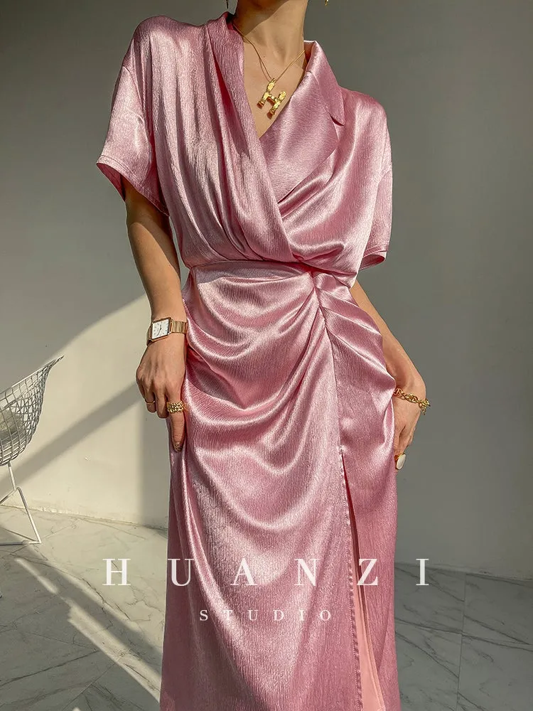 HUANZI custom designer high-end glossy silky elegant dress -Diana Pearl Gray