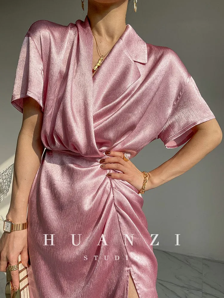 HUANZI custom designer high-end glossy silky elegant dress -Diana Pearl Gray