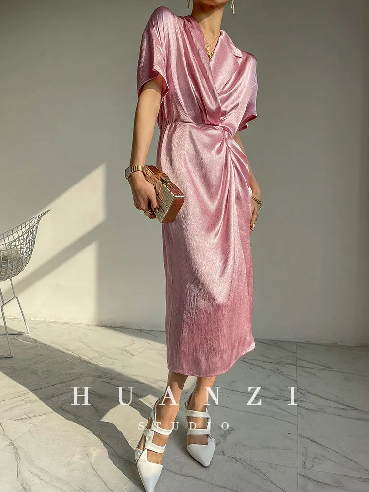 HUANZI custom designer high-end glossy silky elegant dress -Diana Pearl Gray