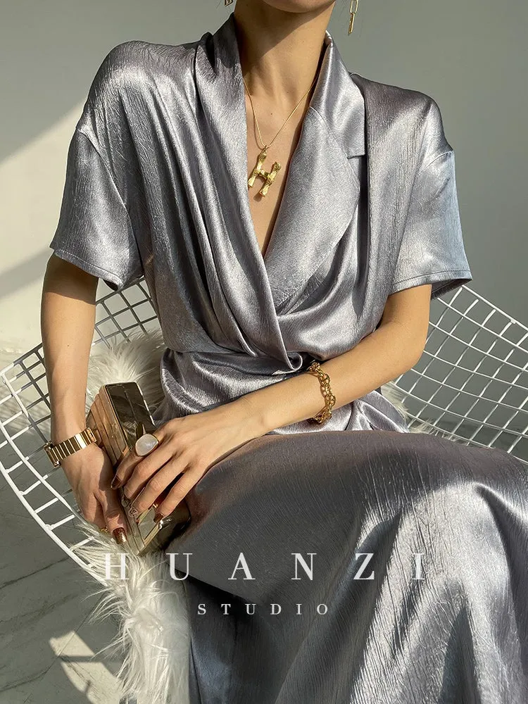 HUANZI custom designer high-end glossy silky elegant dress -Diana Pearl Gray