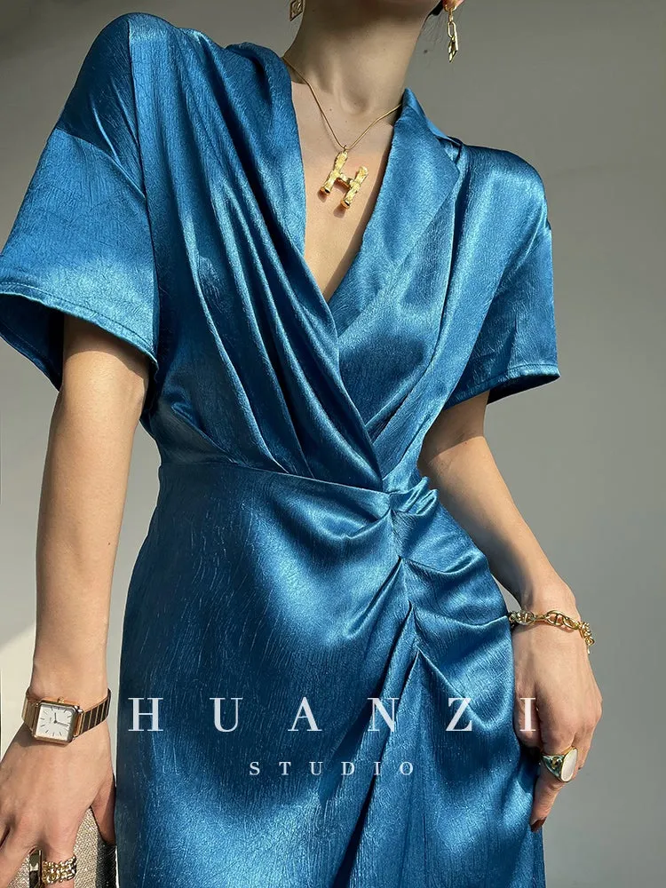 HUANZI custom designer high-end glossy silky elegant dress -Diana Pearl Gray