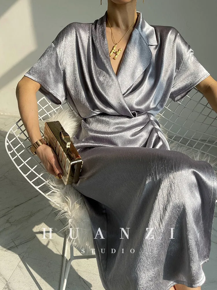 HUANZI custom designer high-end glossy silky elegant dress -Diana Pearl Gray