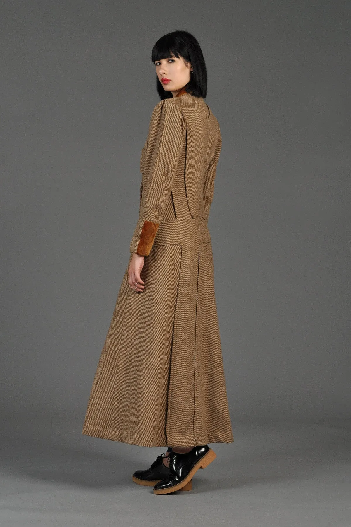 Incredible Edwardian Tweed   Velvet Maxi Coat