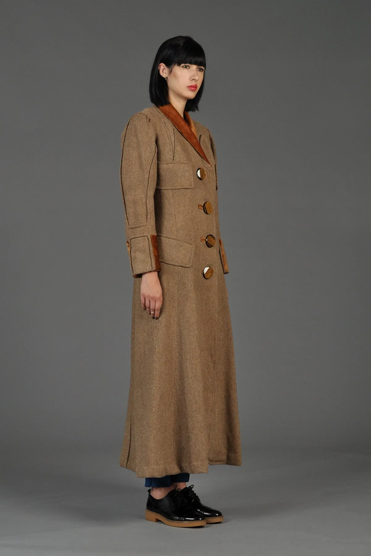 Incredible Edwardian Tweed   Velvet Maxi Coat