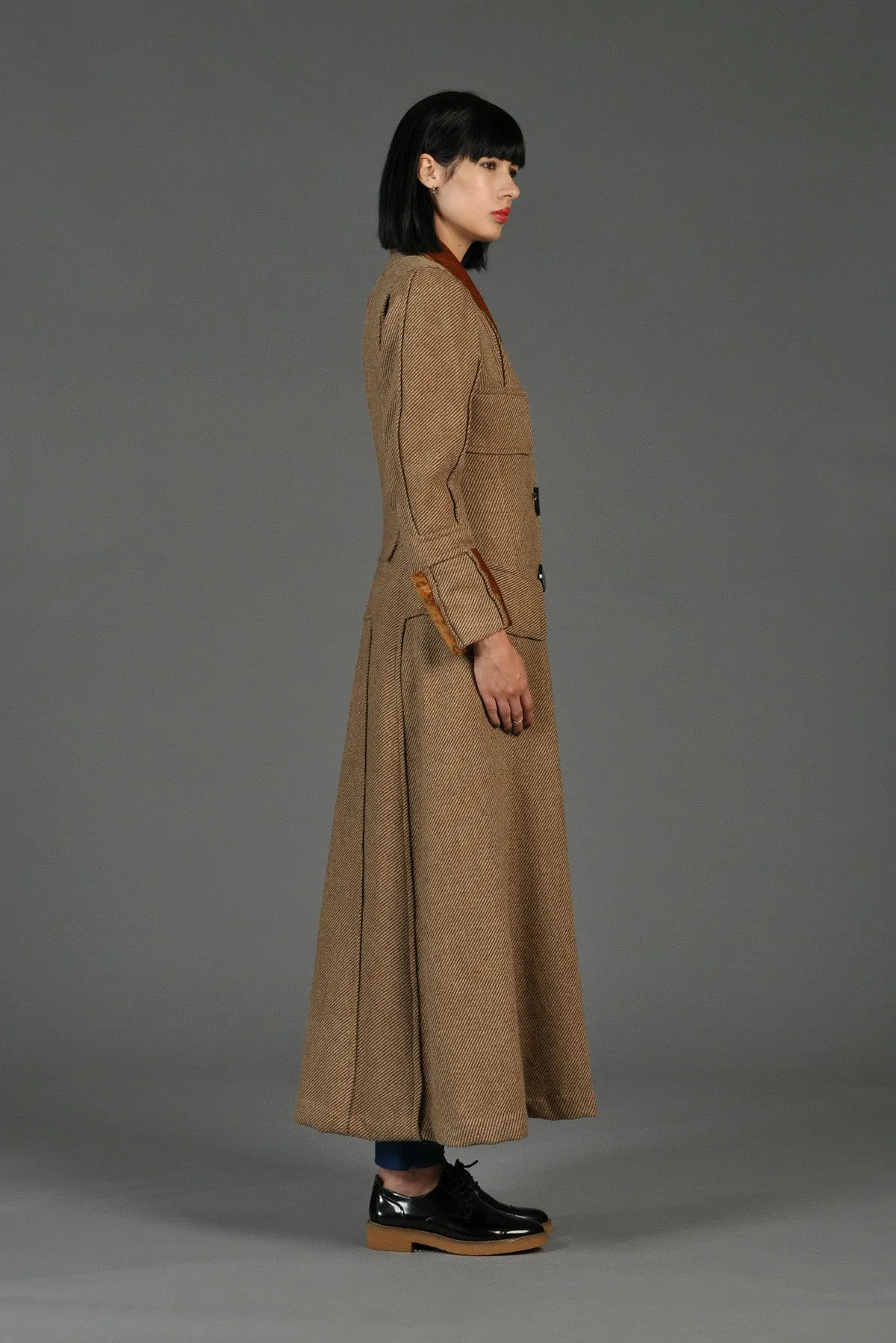 Incredible Edwardian Tweed   Velvet Maxi Coat