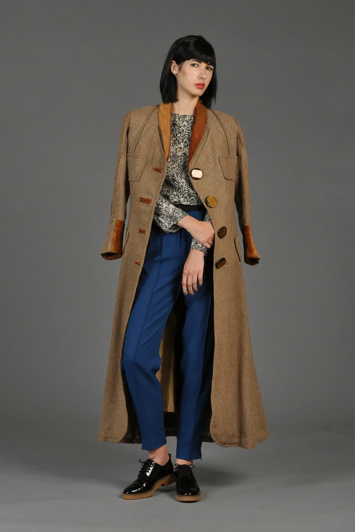 Incredible Edwardian Tweed   Velvet Maxi Coat