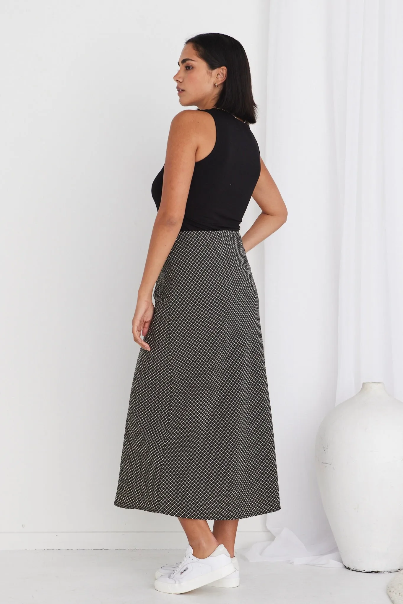 Ivy Black Check Bias Cut Midi Skirt