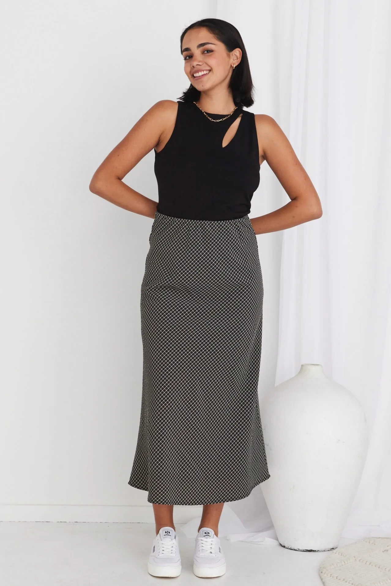 Ivy Black Check Bias Cut Midi Skirt