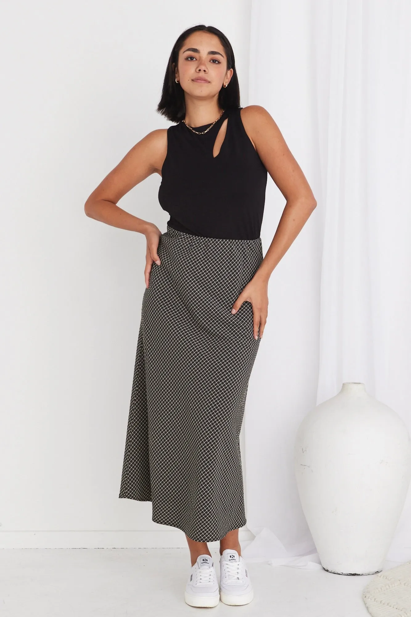 Ivy Black Check Bias Cut Midi Skirt