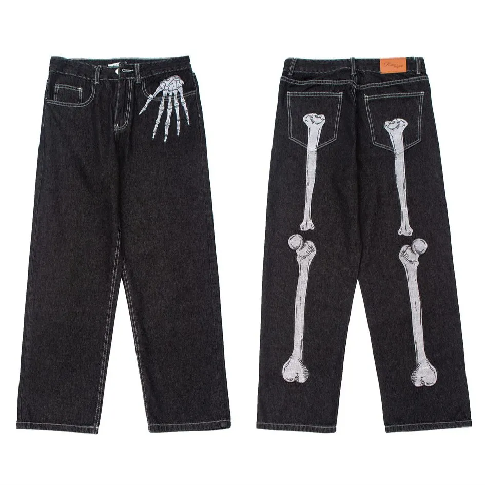 Jinquedai  Dark Streetwear Skeleton Embroidery Punk Black Men Hip Hop Jeans Pants Straight Casual Wide Denim Trousers Pantalons Capris