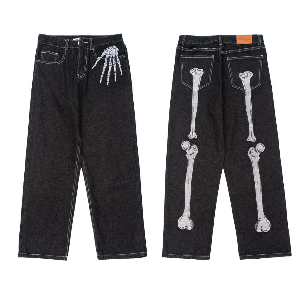 Jinquedai  Dark Streetwear Skeleton Embroidery Punk Black Men Hip Hop Jeans Pants Straight Casual Wide Denim Trousers Pantalons Capris