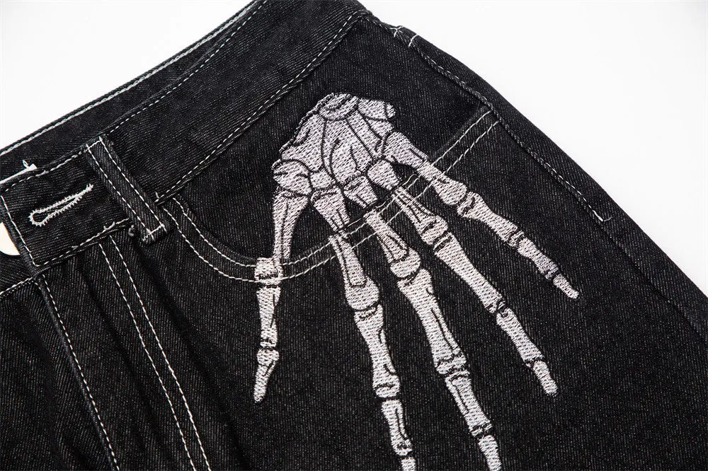 Jinquedai  Dark Streetwear Skeleton Embroidery Punk Black Men Hip Hop Jeans Pants Straight Casual Wide Denim Trousers Pantalons Capris