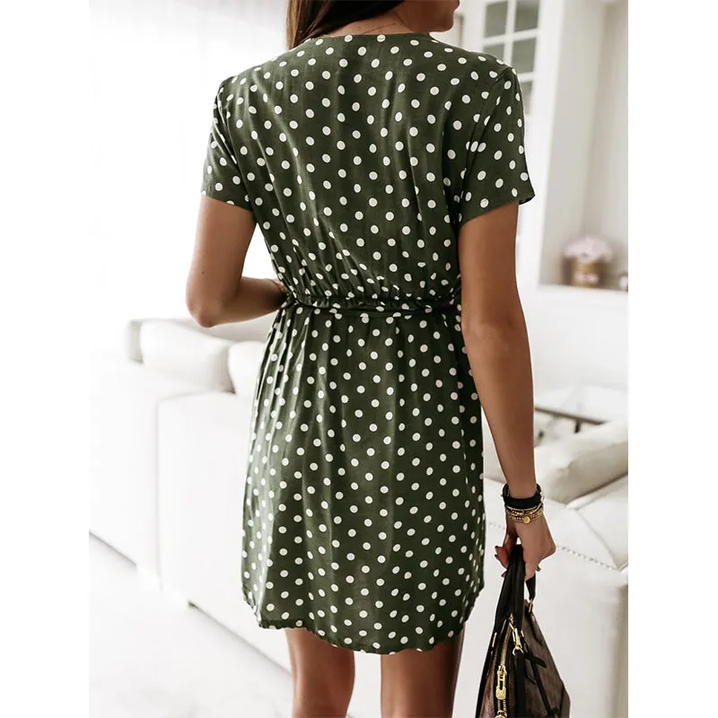 JuliaFashion - 2024 Womens Summer Short Sleeve V-Neck Polka Dot Holiday Dress