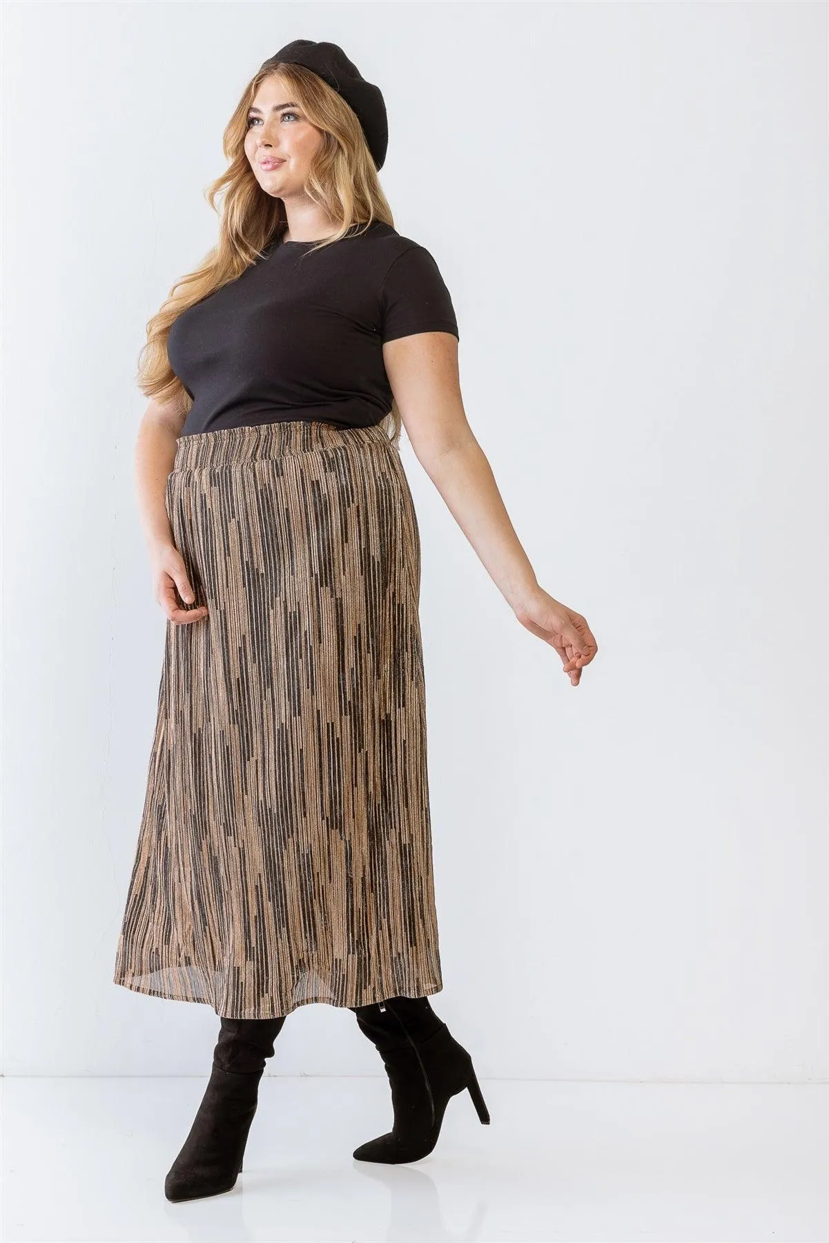 Junior Plus Black & Gold Shiny String Elasticized High Waist Midi Skirt /3-2-1