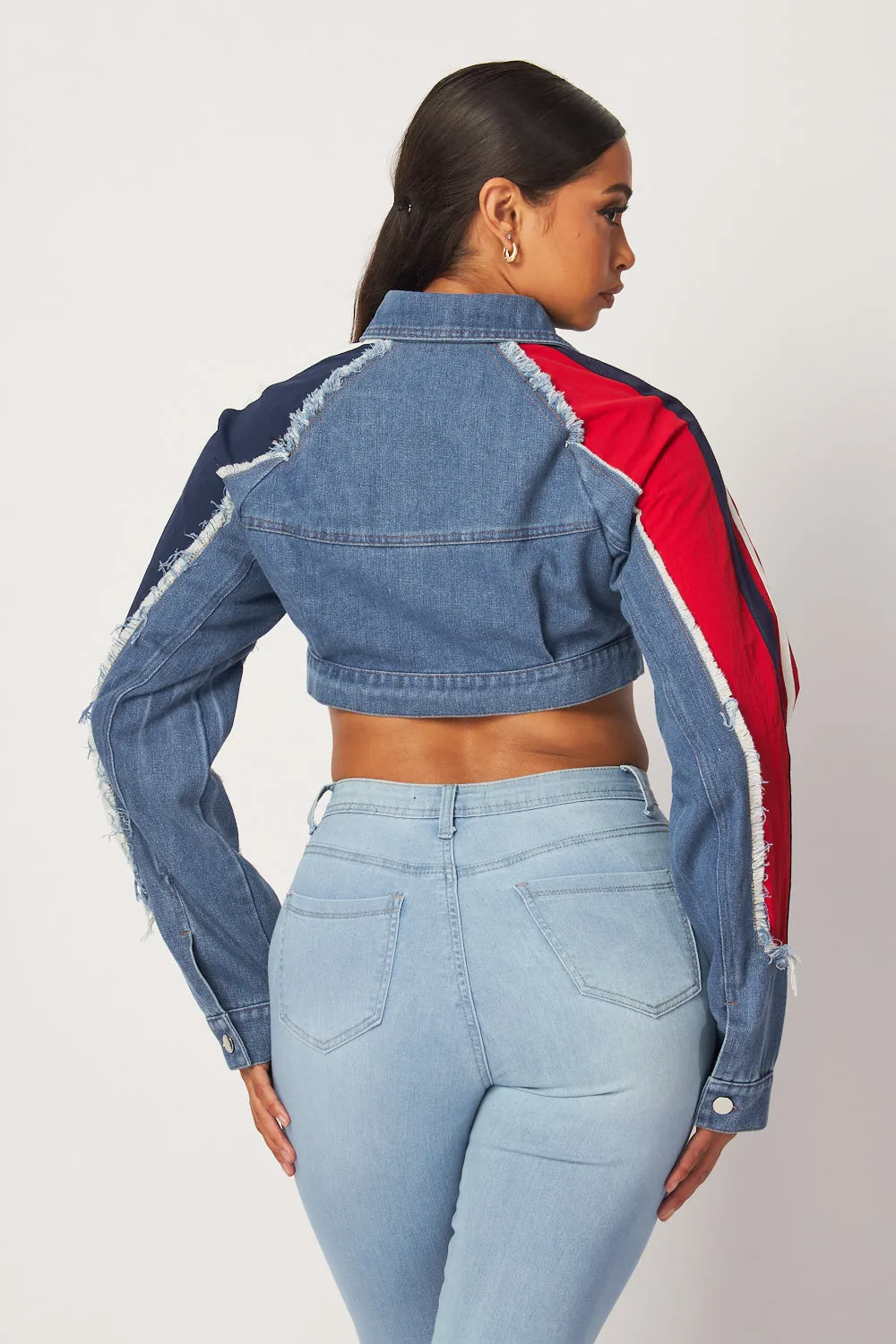 Justina Denim Mix Athletic Trim Crop Jean Jacket