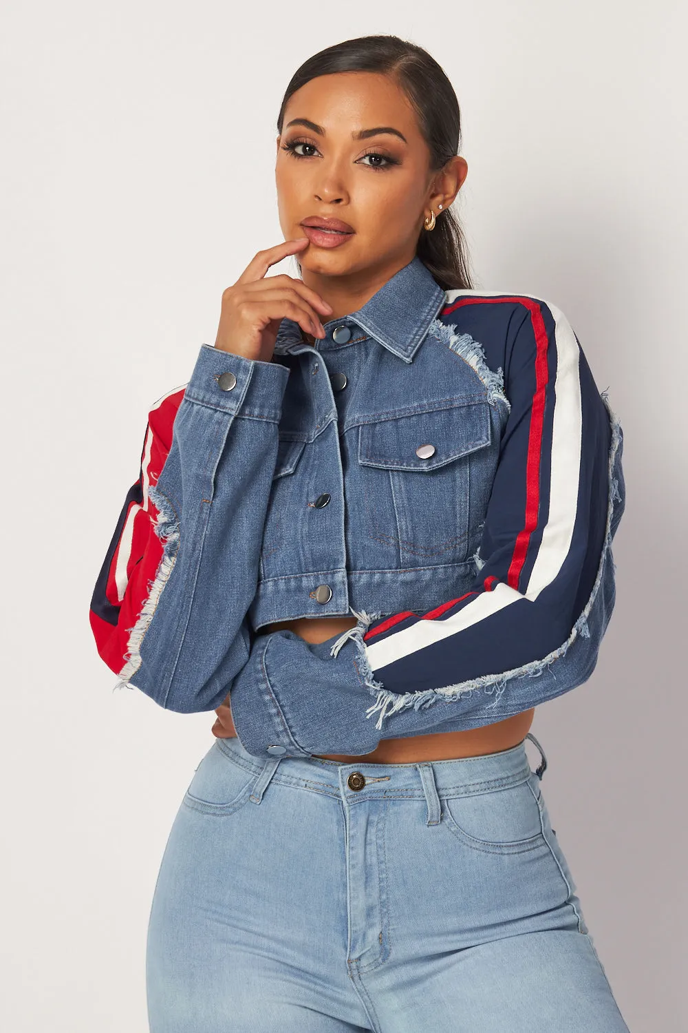 Justina Denim Mix Athletic Trim Crop Jean Jacket