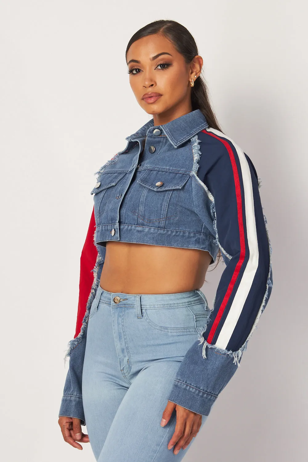 Justina Denim Mix Athletic Trim Crop Jean Jacket