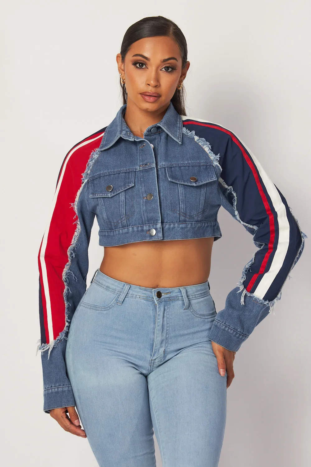 Justina Denim Mix Athletic Trim Crop Jean Jacket