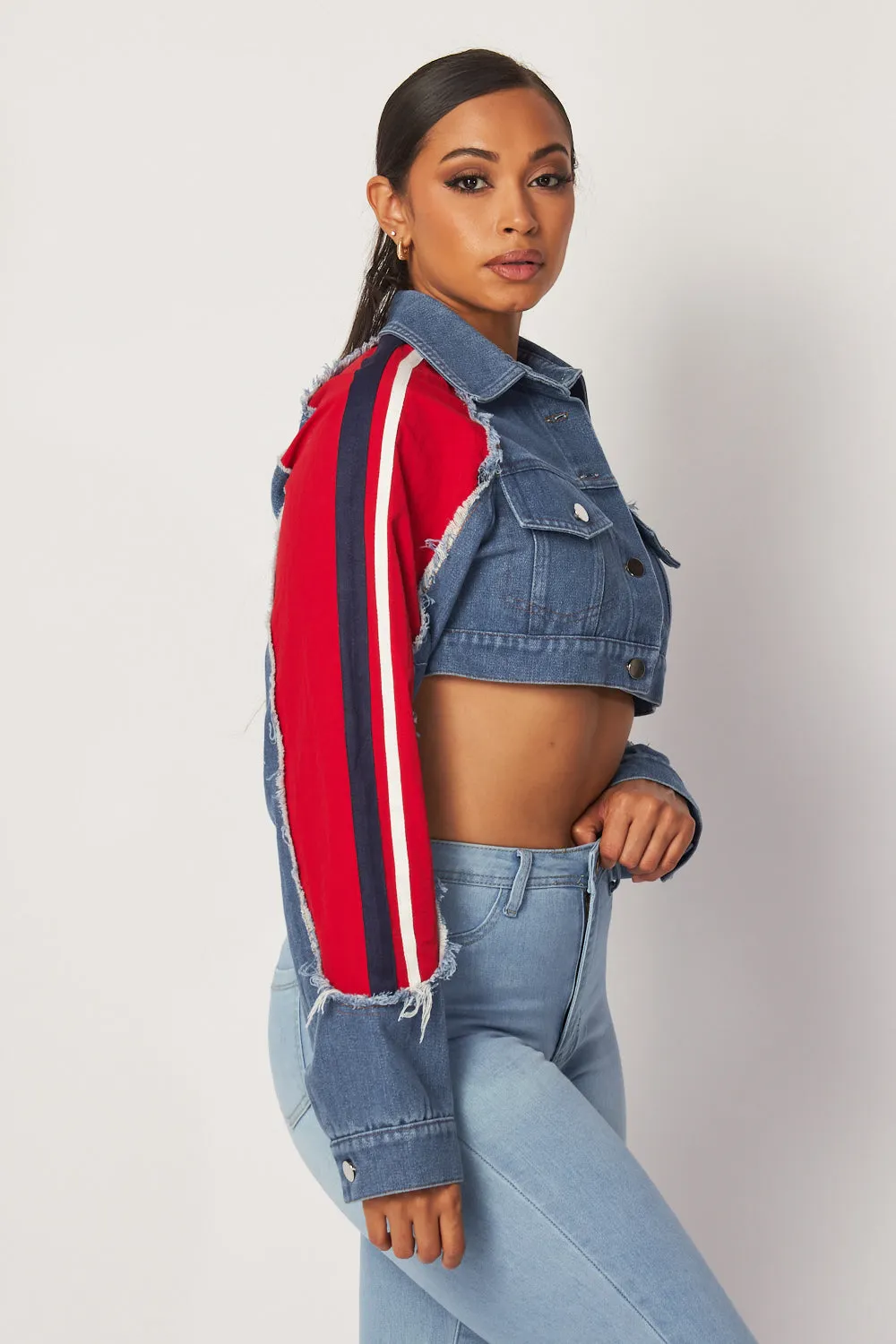 Justina Denim Mix Athletic Trim Crop Jean Jacket