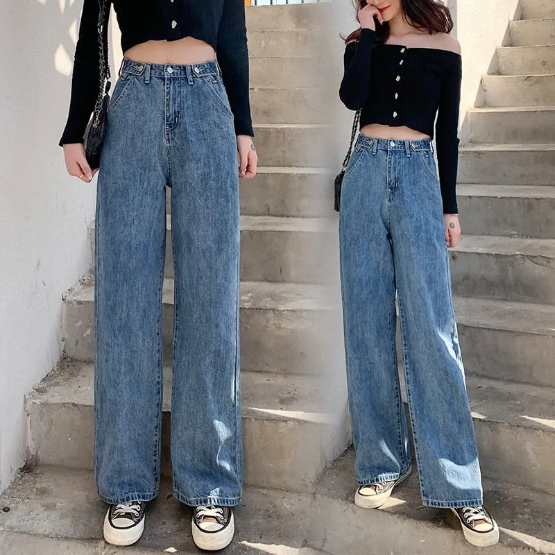 KittenAlarm - streetwear high waist women's fashion jeans woman girls women wide leg pants trousers female trousers denim bagge mom jeans