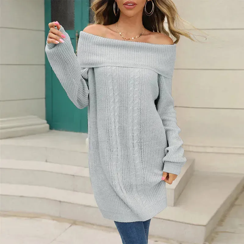 Lapel Loose Off shoulder Winter Knitted Tunic top