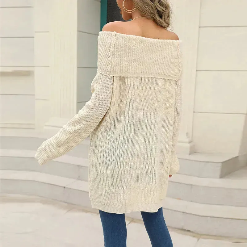 Lapel Loose Off shoulder Winter Knitted Tunic top