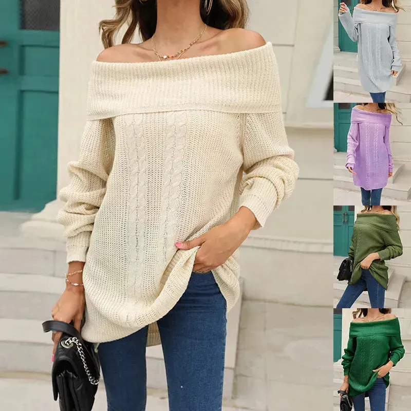 Lapel Loose Off shoulder Winter Knitted Tunic top