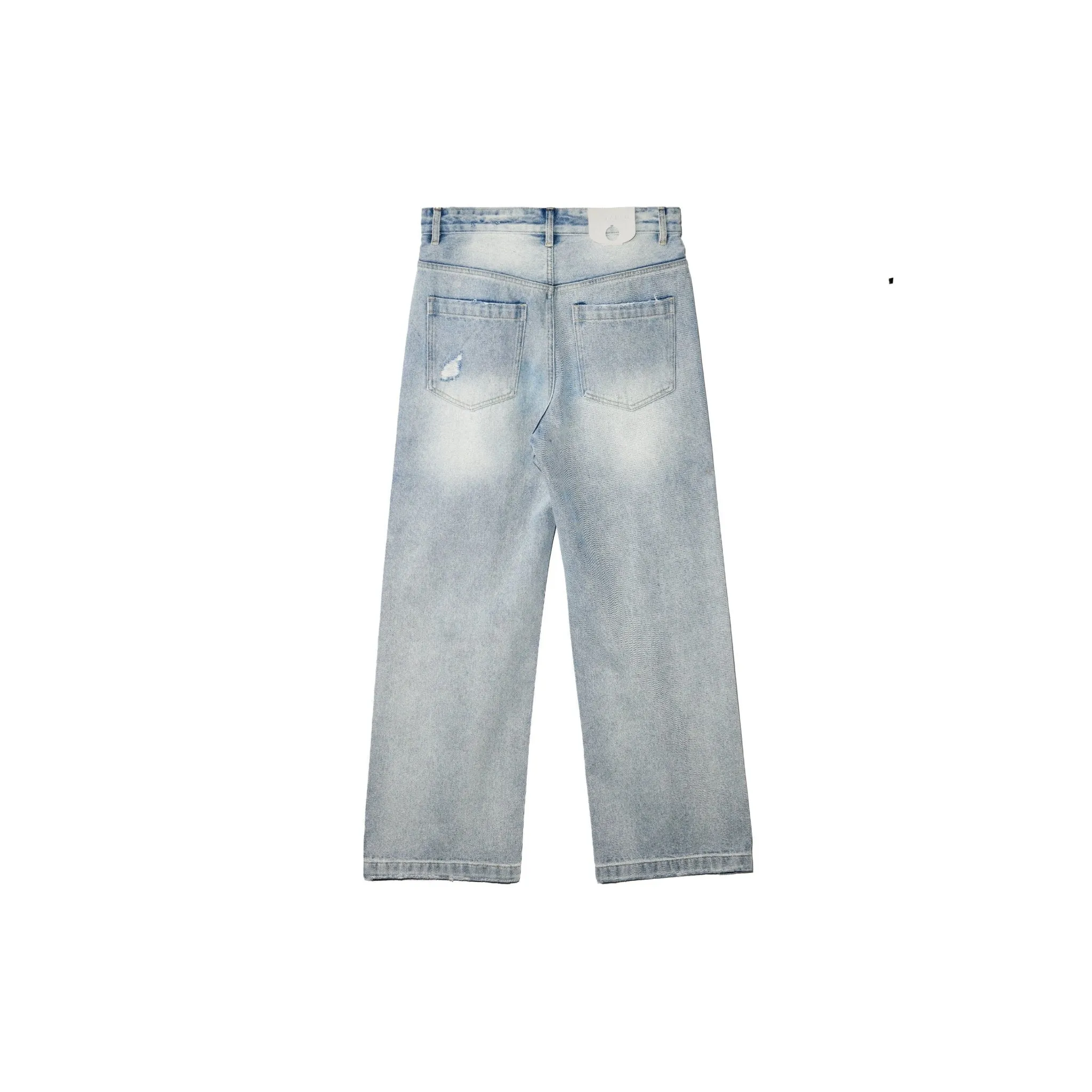 Light Blue Washed Destroyed Straight Leg Denim Trousers Female