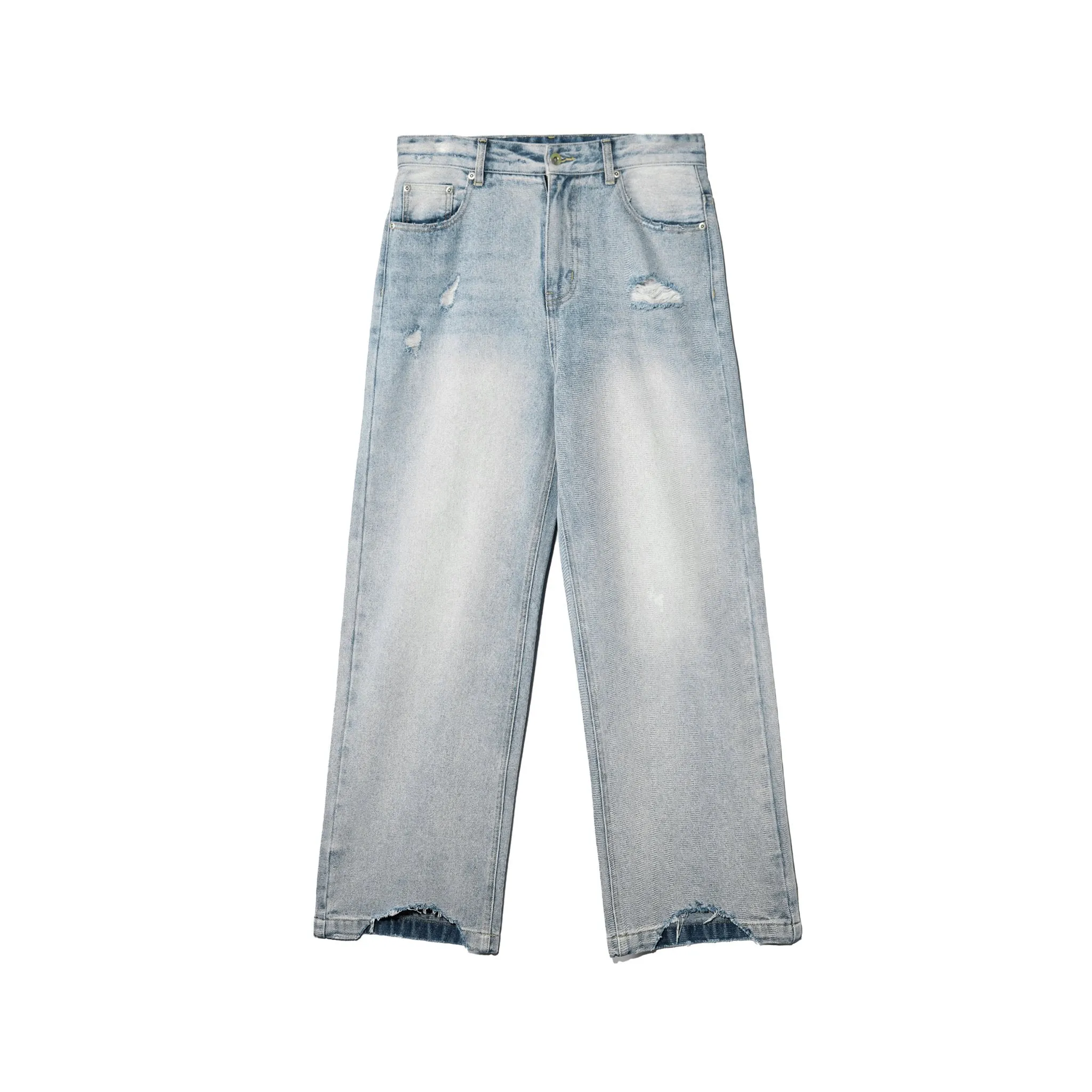 Light Blue Washed Destroyed Straight Leg Denim Trousers Female