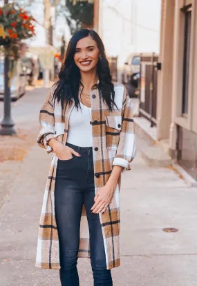 Long Mustard Plaid Print Woven Jacket