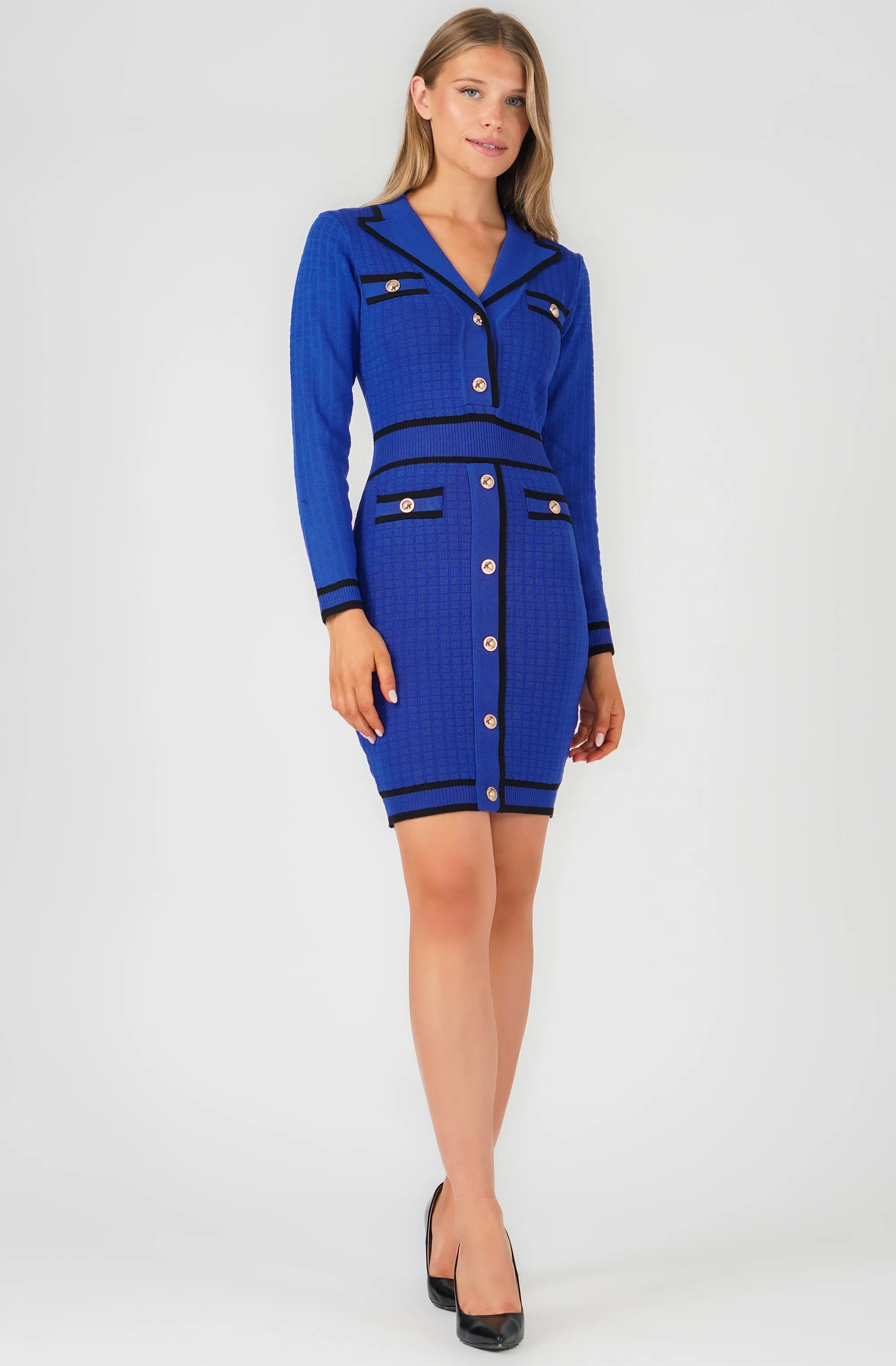 Long-Sleeve Lapel Collar Knitted Dress with Contrast Trim