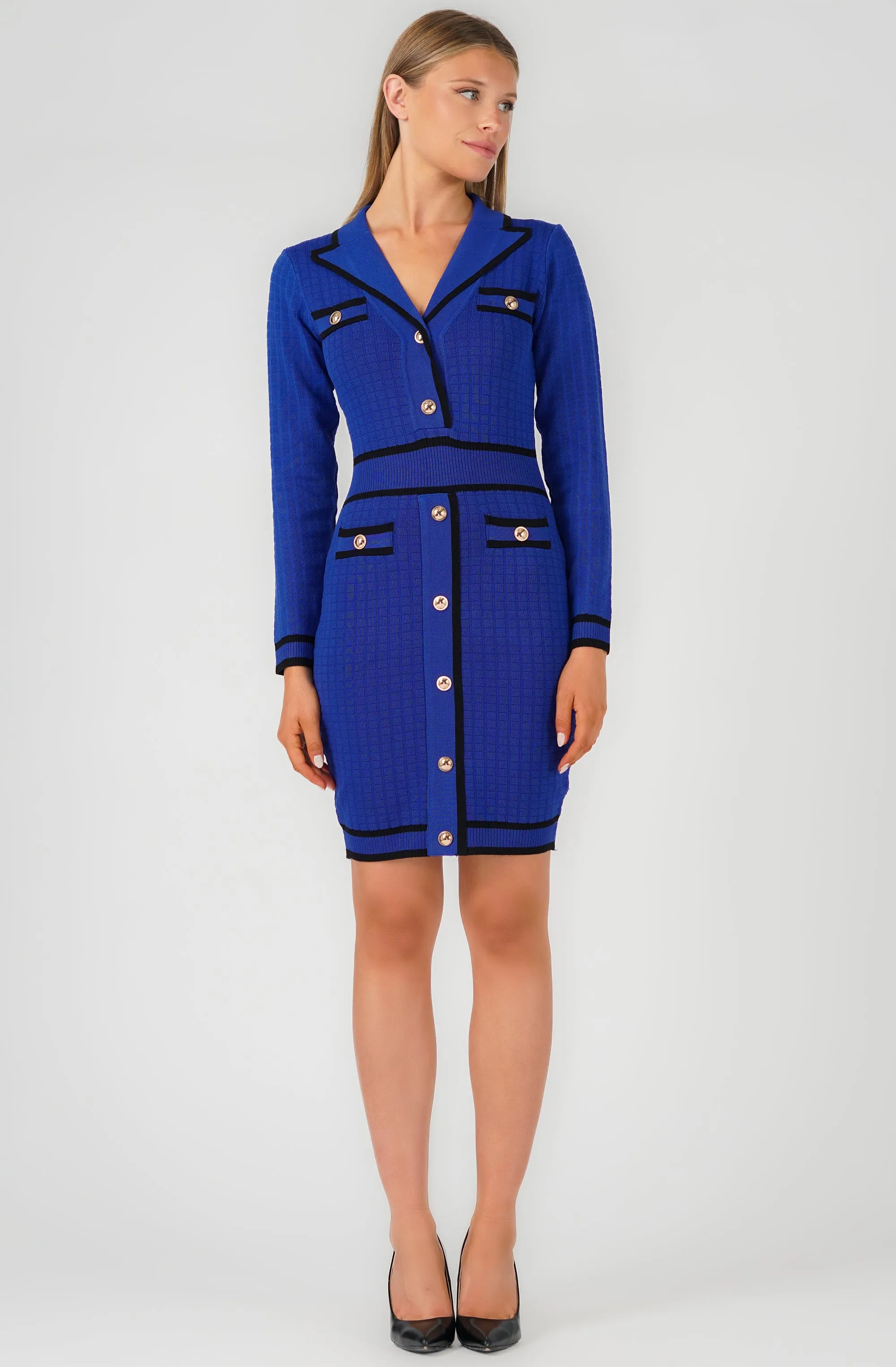 Long-Sleeve Lapel Collar Knitted Dress with Contrast Trim