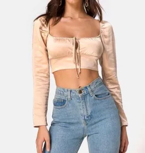 Long Sleeve Peasant Tie Crop Top