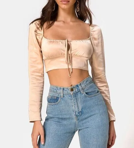 Long Sleeve Peasant Tie Crop Top