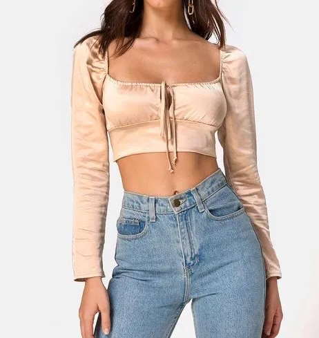 Long Sleeve Peasant Tie Crop Top