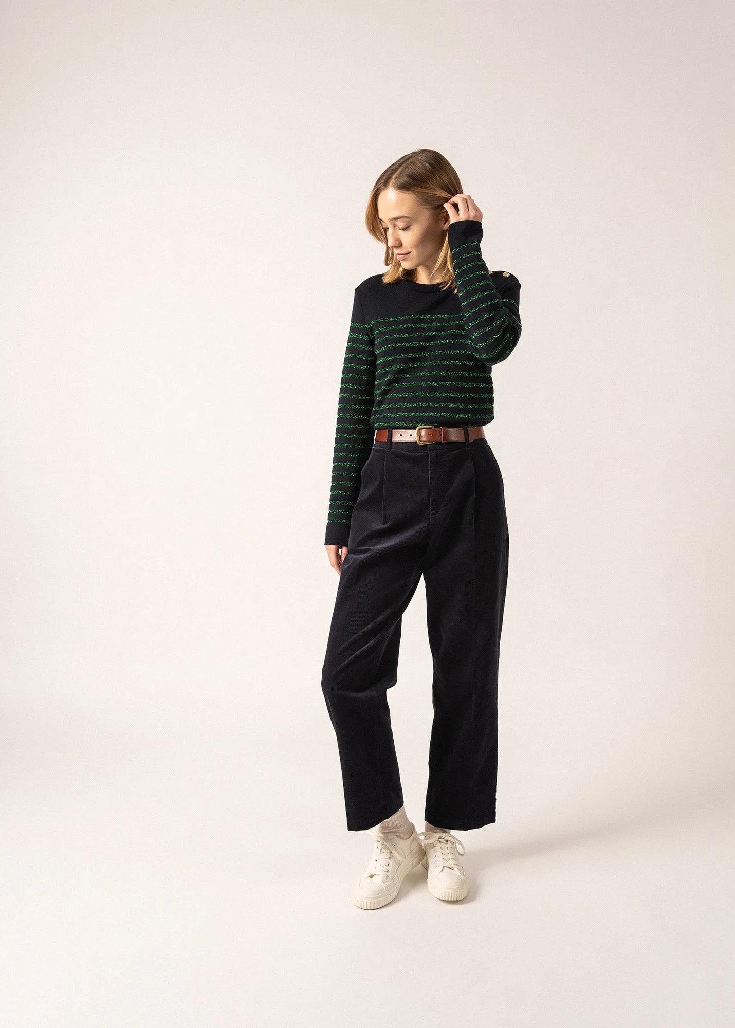 Marée II Lurex sailor jumper - with lurex striped, in soft wool (NAVY/VERT)