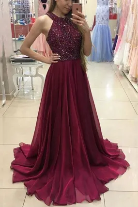 Maroon Prom Dress Fancy Beading Halter A Line Chiffon Party Prom Dress