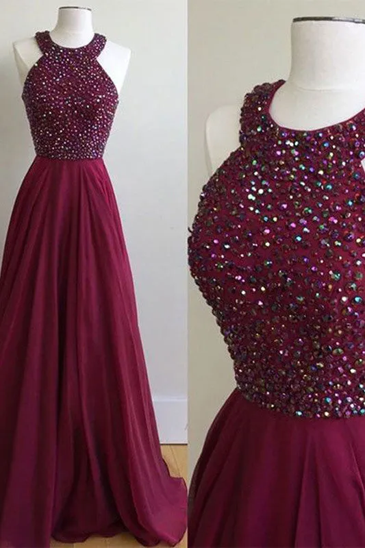 Maroon Prom Dress Fancy Beading Halter A Line Chiffon Party Prom Dress