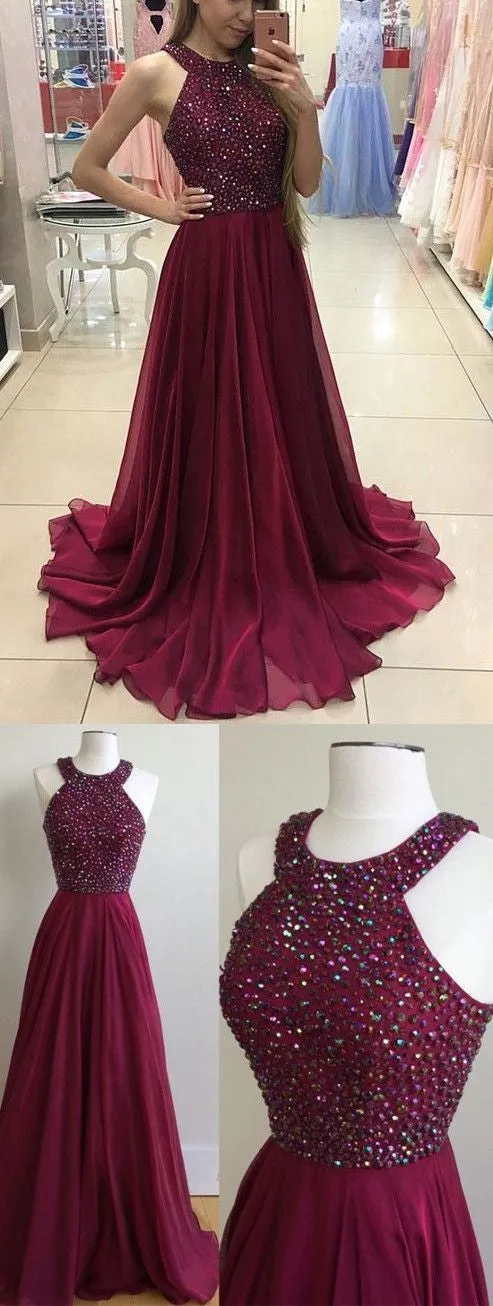 Maroon Prom Dress Fancy Beading Halter A Line Chiffon Party Prom Dress