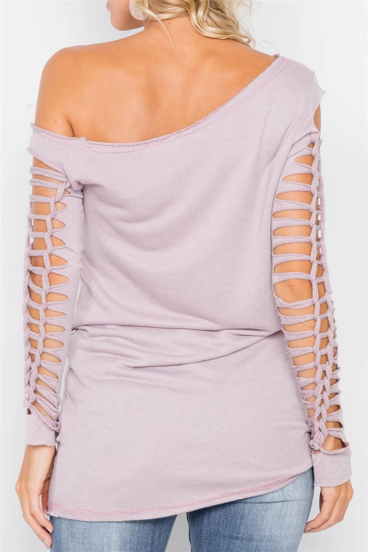 Mauve Cold-Shoulder Cut Out Braided Long Sleeve Tunic /2-2-2