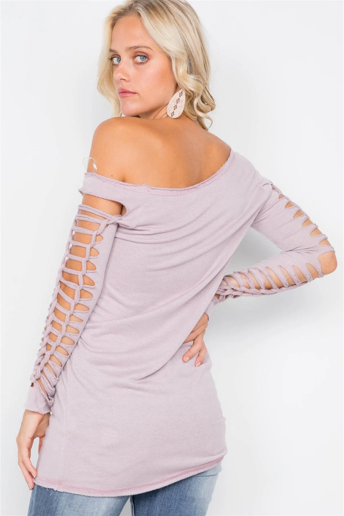 Mauve Cold-Shoulder Cut Out Braided Long Sleeve Tunic /2-2-2