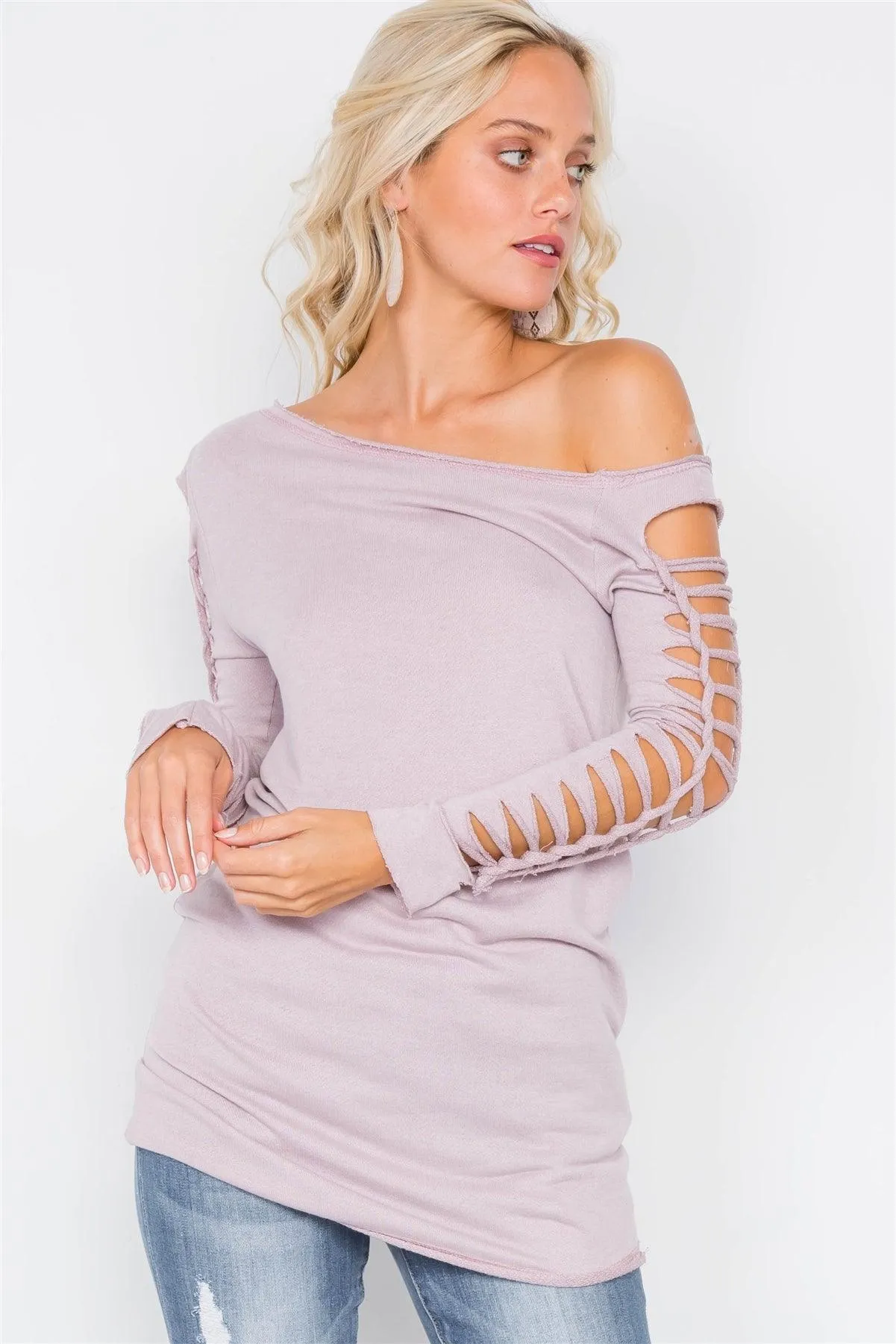 Mauve Cold-Shoulder Cut Out Braided Long Sleeve Tunic /2-2-2